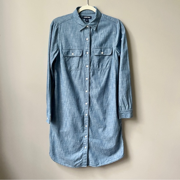 Lands’ End Blue Chambray Shirt Dress Women’s 4 Midi Length Cotton Preppy Classic - Picture 1 of 12